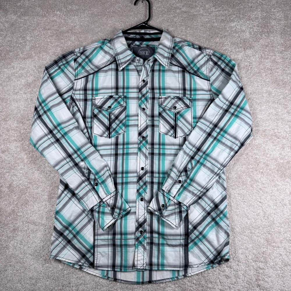 BKE Slim Fit Mens Large Teal‎ White Black Plaid Long Sleeve Western Button Shirt